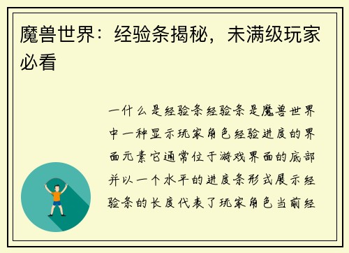 魔兽世界：经验条揭秘，未满级玩家必看